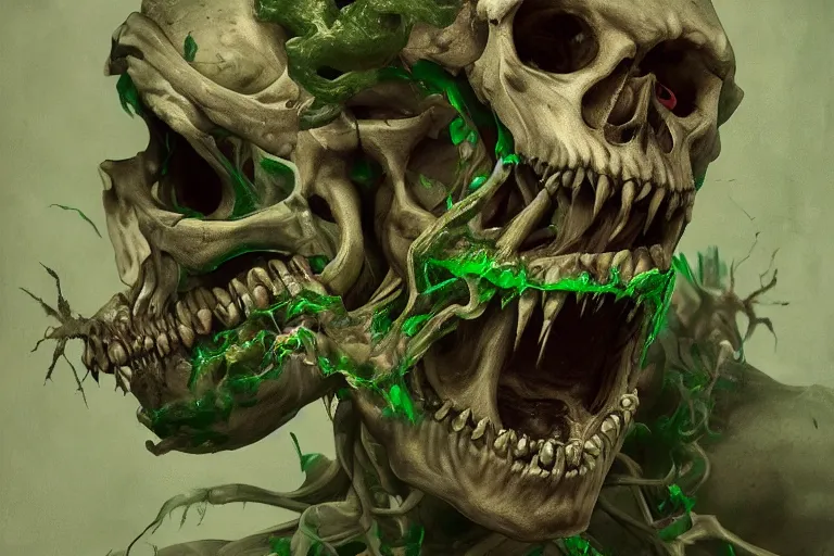 Prompt: Haunting horrifying detailed painting of a man fusing with a skeleton and fleshy growths on his face, sharp teeth protruding, and green eyes of emerald, hyper detailed, award winning artwork, cgsociety, trending on Artstation