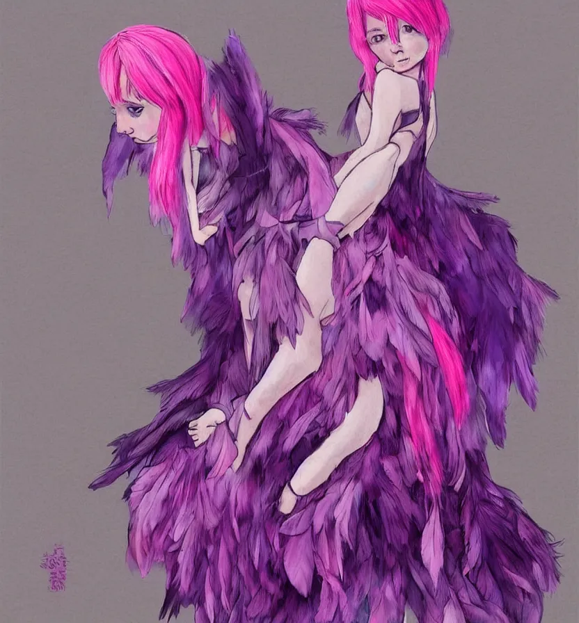 Image similar to little girl with eccentric pink hair wearing a dress made of purple feather, art by dcwj