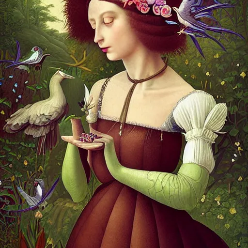 Image similar to a detailed portrait of young woman in renaissance dress and a surreal renaissance headdress, very surreal garden, cyberpunk, surreal tea party, birds, nature, strange creatures, by christian schloe and botticelli, naotto hattori, amy sol, roger dean, moody colors