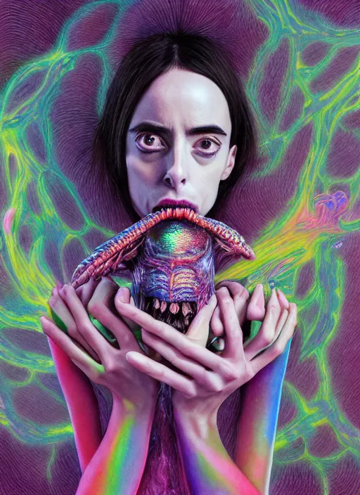 Prompt: hyper detailed 3d render like a chiaroscuro - kawaii portrait (an astronaut queen with suit like a chrome skeksis porcelain forcefield looks like Krysten Ritter) seen Eating of the Strangling network of charcoal aerochrome watercolor and milky Fruit and His delicate Hands hold gossamer polyp nun bring iridescent fungal flowers