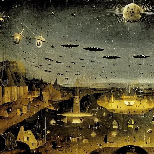 Image similar to ufo fleet over a 1 7 th century european town at night with light beams levitating people in their pajamas painting by hieronymus bosch