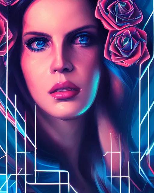 Image similar to portrait of lana del rey as a cyberpunk cyborg. intricate abstract. intricate artwork, tear drops, roses, by tooth wu, wlop, beeple, dan mumford. concept art, octane render, trending on artstation, greg rutkowski, asymmetrical, cinematic arthouse, key art, hyper realism, iridescent accents