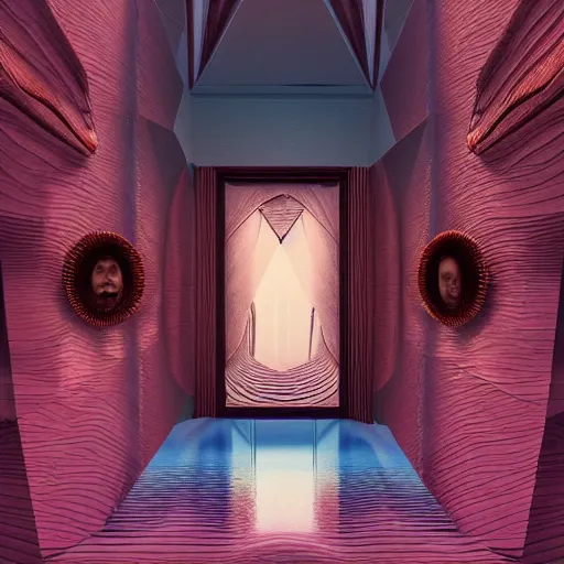 Image similar to hyperrealistic geometric objects in a surreal minimalistic 8 0's dreamscape environment by salvador dali, enormous emoji, highly detailed, 3 d render, octane, beautiful lighting, photorealistic, intricate, elegant, wayne barlowe, water, mirrors, pink doorway, beautiful, masterpiece, trending on artstation, palm tree