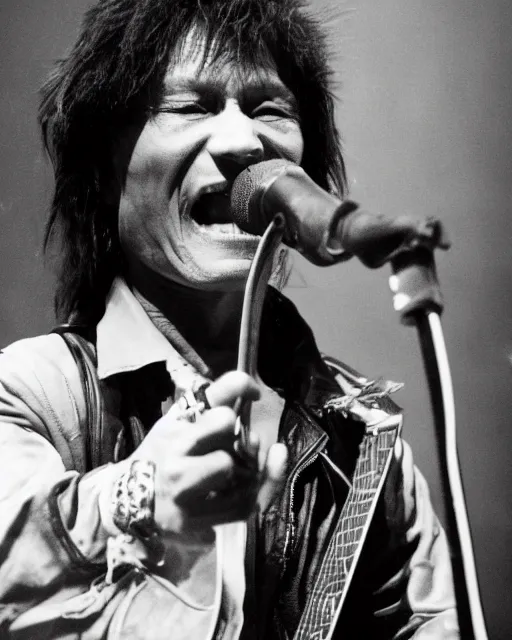 Image similar to sixty years old viktor tsoi with guitar in his hands, leather jacket, photo, microphone, rock concert, black and white, iso 6 0 0, 3 5 mm, codac gold