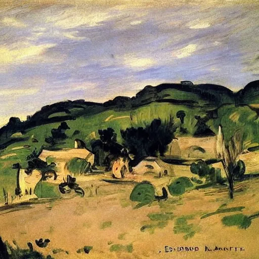 Prompt: landscape from the village of le dessant ; edouard manet ; impressionism ; 1 8 8 3