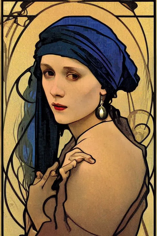 Prompt: Girl with a pearl earring by Alphonse Mucha, Art Nouveau, Neo-Gothic, gothic, rich deep moody colors background.