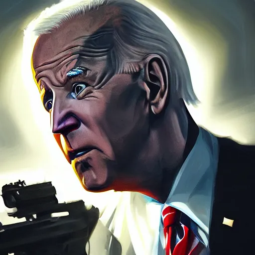 Image similar to joe biden as an evil terrorist, dramatic lighting, cinematic, establishing shot, extremly high detail, photorealistic, cinematic lighting, artstation, style by James Gurney