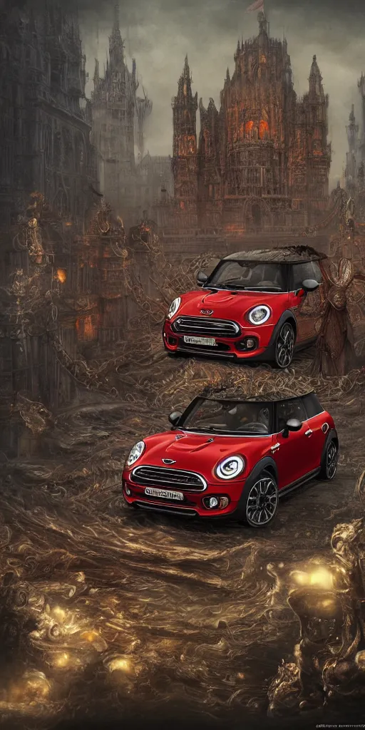 Prompt: red Mini Cooper S, in style of Dark Souls 3, insanely detailed and intricate, golden ratio, elegant, ornate, luxury, elite, ominous, haunting, matte painting, cinematic, cgsociety, James jean, Brian froud, ross tran, Laputa, vivid and vibrant