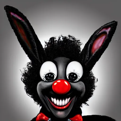 Image similar to A extremely highly detailed majestic hi-res beautiful, highly detailed head and shoulders portrait of a scary terrifying, horrifying, still of a creepy black cartoon clown rabbit in eraserhead with scary big eyes, earing a shirt laughing, hey buddy, let's be friends, in the style of Walt Disney animation