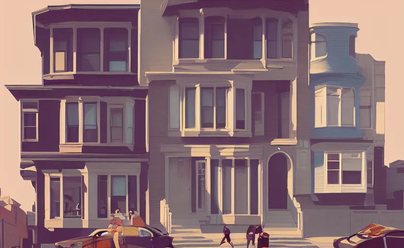 Image similar to a front view san francisco neighborhood illustration by atey ghailan, trending on artstation