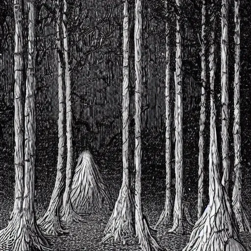 Image similar to the trees are alive, horror, dark atmosphere, beautifully detailed, smooth, illustration, by jean giraud