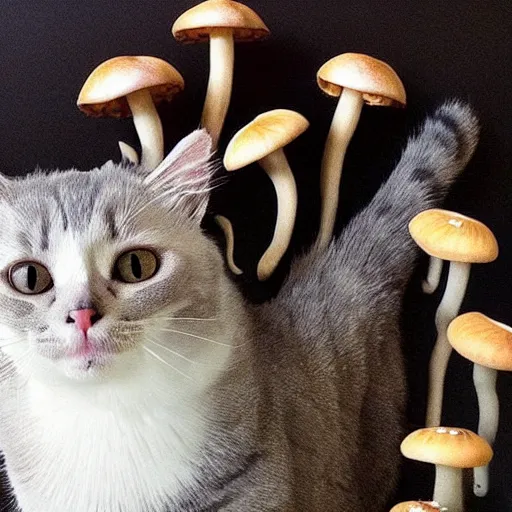 Prompt: cat - mushrooms, cat - faced mushroom, trending on instagram, stop motion