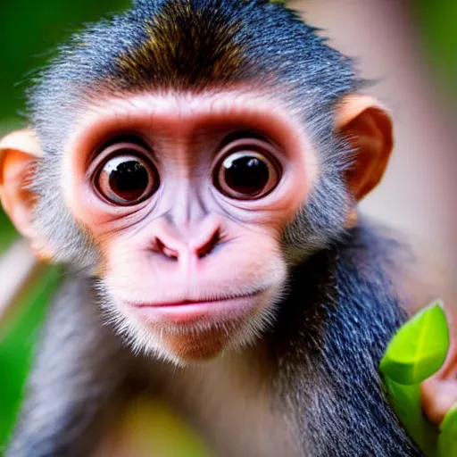 Image similar to very very very very cute chibi baby fruit monkey, portrait, pixar style, forest background, cinematic lighting, award winning creature portrait photography