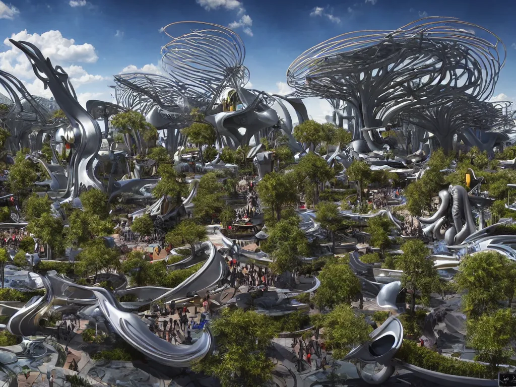 Prompt: a busy elaborate ornate outdoor sci - fi park, cinematic, shadows, partly cloudy day, 4 k, detailed, by zaha hadid and basquiat