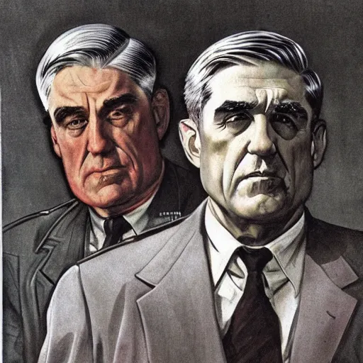 Prompt: soviet propaganda of robert mueller, by j. c. leyendecker, bosch, and beksinski