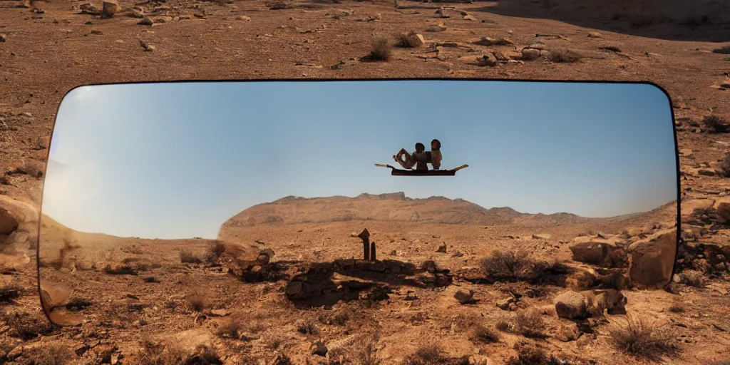 Image similar to levitating ghost silhouette with full - face golden mask in a dry rocky desert landscape, visible sky and sunny atmosphere, fata morgana and giant square mirrors by alejandro jodorowsky, anamorphic lens, kodakchrome, practical effects, masterpiece, 8 k