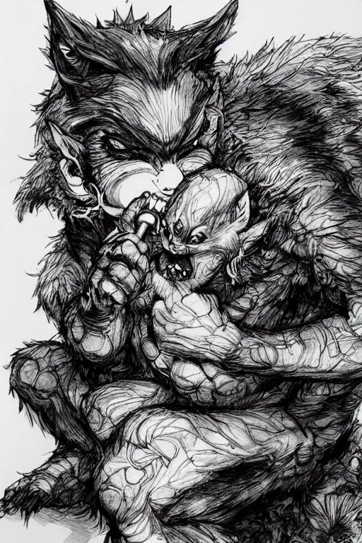 Image similar to A cute baby werewolf eating , pen and ink, intricate line drawings, by Yoshitaka Amano, Ruan Jia, Kentaro Miura, Artgerm, watercolor