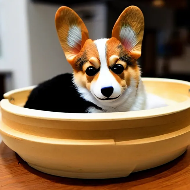 Prompt: a cute corgi lives in a house made of sushi