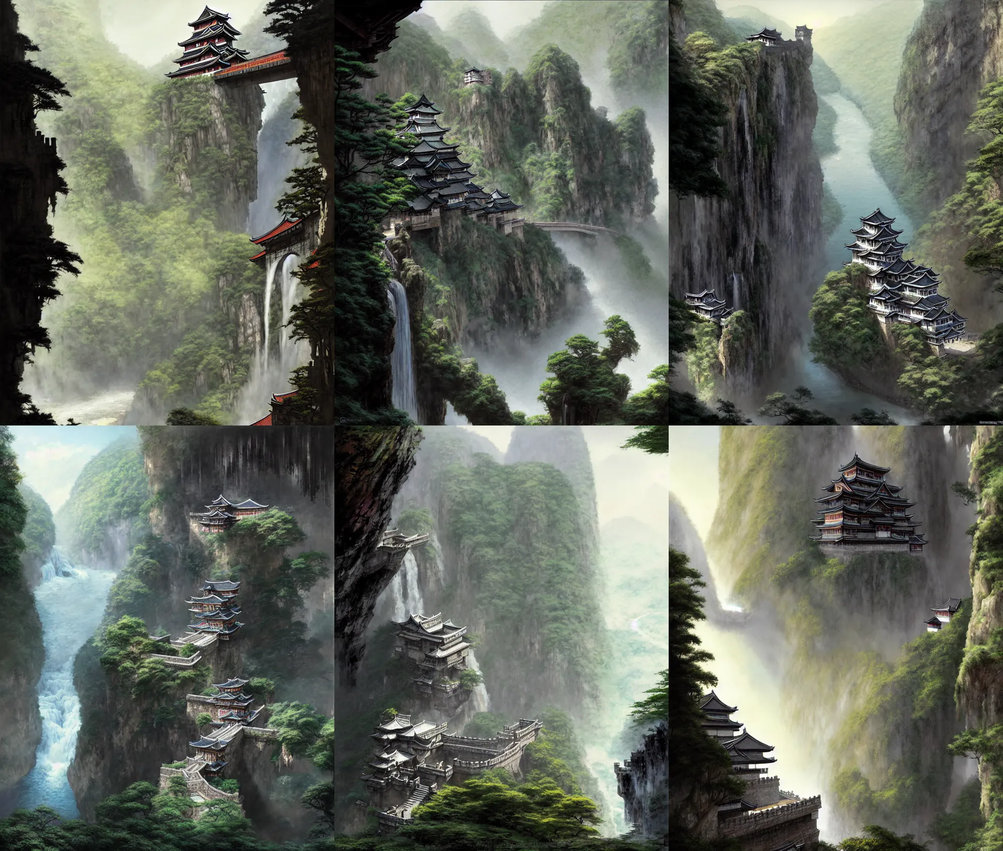 Prompt: establishing wide shot inside han son doong with waterfalls on either side of the cliff walls, at the top of the cliff is a japanese castle, a cloister is built into the cliff walls, an old suspension bridge spans the walls, sunny morning light, detailed digital concept art by greg rutkowski and gerald brom and james gurney, detailed textures