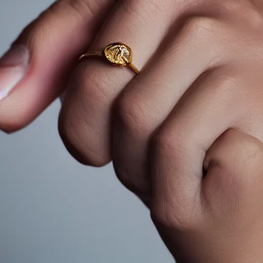 Image similar to super detailed studio photo of golden ring on female finger on female hand, macro