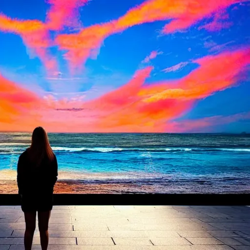 Prompt: a woman facing a blue wormhole on the street, which shows a beach at sunset