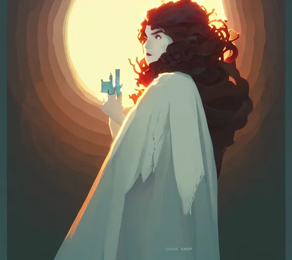 Image similar to portrait woman with long ginger curly hair, cloak with runes, by atey ghailan, by greg rutkowski, by greg tocchini, by james gilleard, by joe fenton, by kaethe butcher, by ashley wood, dynamic lighting, gradient light blue, brown, blonde cream and white color scheme, grunge aesthetic