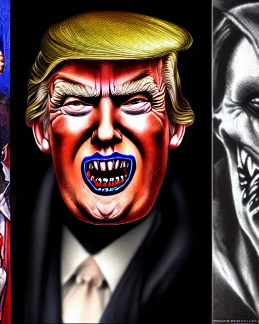 Image similar to donald trump as dracula with fangs out, character portrait, close up, concept art, intricate details, hyperrealism, photorealistic, in the style of otto dix and h. r giger