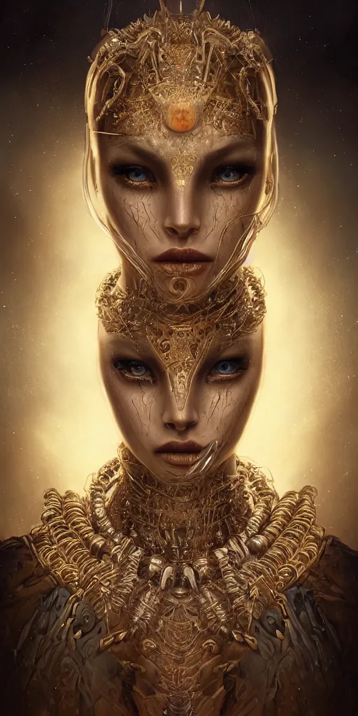 Prompt: realistic character concept, alien queen with lots of jewelry in the face, elegant pose, scifi, illustration, slender symmetrical face and body, artstation, cinematic lighting, hyperdetailed, cgsociety, 8 k, high resolution, charlie bowater, tom bagshaw, single face, insanely detailed and intricate, beautiful, elegant, golden ratio, dark fractal background, vfx, postprocessing