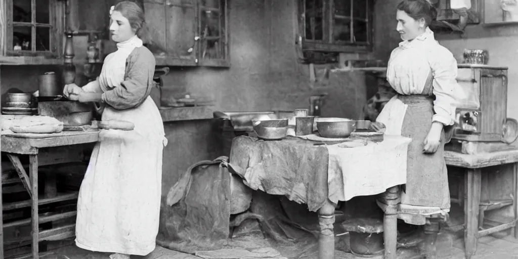 Prompt: a young edwardian woman baking bread in a cozy french kitchen