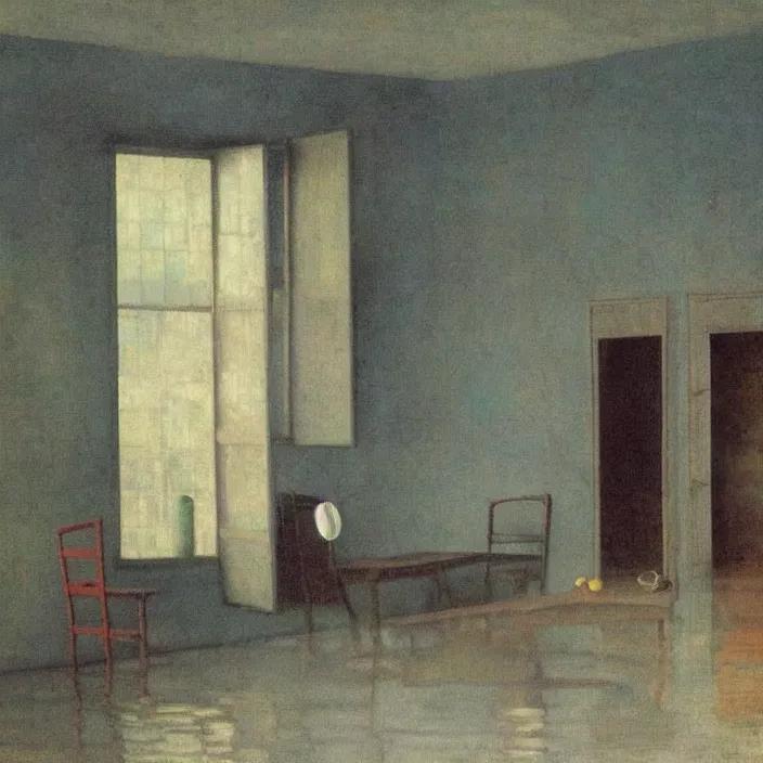 Prompt: interior of a flooded old house full of furniture. aurora borealis. iridescent, psychedelic colors. painting by hammershoi, balthus, mark rothko, yves tanguy, utamaro, monet