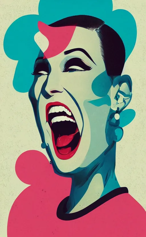 Image similar to illustration portrait of a woman with white buzzcut laughing out loud, art deco painting by tom whalen, by tomer hanuka, funny meme photo, trending on behance, digital illustration, storybook illustration, grainy texture, flat shading, vector art, airbrush, pastel, watercolor, poster