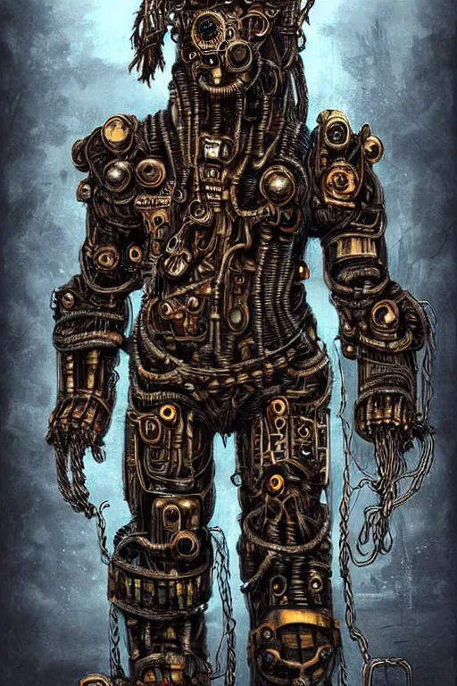 Prompt: wild monstorous anthropomorphic biomechanical bear warrior wearing dreadlocks made of cables and wires. Upgraded with hightech cyberwares. huge, big, giant bear human hybrid, mecha animal, tall, detailed woodcut armor, terrifying and dangerous, scary, beautiful, steampunk monster android hybrid art portrait, matte scifi fantasy painting, half robot half bear. DeviantArt Artstation, by Jason Felix by Steve Argyle by Tyler Jacobson by Peter Mohrbacher, cinematic lighting