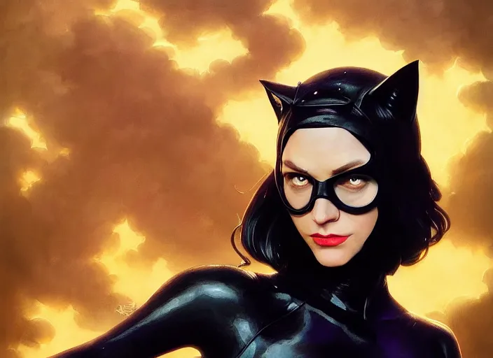 Image similar to highly detailed portrait of catwoman, stephen bliss, unreal engine, art by greg rutkowski, loish, rhads, ferdinand knab, makoto shinkai and lois van baarle, ilya kuvshinov, rossdraws, tom bagshaw, global illumination, radiant light, detailed and intricate environment