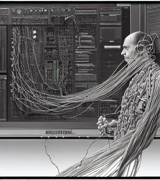 Prompt: photo of a programmer composed of wires, straight wires, at the monitor, gray gamma, gray wires, mid shot, norman rockwell, tim hildebrandt, viktor safonkin, dariusz zawadzki, bruce pennington, larry elmore, intricate details, hyperrealistic oil painting on canvas, deep depth field