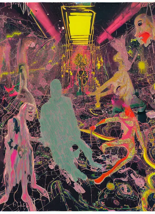 Prompt: friendly figures of smiling ghosts and dmt jesters and machine-elfs made of light walking back and forth in the abstract psychedelic field. they want to comfort you and having a conversation telepathicly. LP cover artwork by kim dorland , adrian ghenie + francis bacon, cecile brown, marlene dumas, Bill Sienkiewicz + by austin osman spare , vania zouravliov , takato yamamoto , william blake , phil hale + moebius + + by Disney , cartoon network, nickelodeon , beautiful + byzantine icon art + 2D matte gouache illustration + micro details, structure, ray trace 4k + pink + blurry + portrait + blur + text + vignetting + noise + trending on artstation + highly detailed crisp illustration + lsd, dmt visions of another world and neardeath experience + jpeg compression artifacts + deep noble refined earthy color color scheme + high quality high resolution 4k photo + pixel sorting effect + flowing thick acrylic paint + abstract expressionism artwork by Hilma af Klint and aubrey berdslay + esoteric hermetic cabinet by austin osman spare + floating digital neon alchemical symbols and sigils leaking through + escalation by Fra Angelico + fire on the background + by William-Adolphe Bouguereau