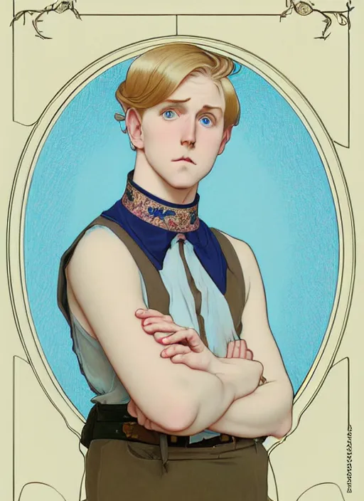 Image similar to art nouveau portrait of a pretty young man with short blond hair, light blue eyes, sad expression, scared, head down, shy and demure, wearing a choker collar, natural lighting, path traced, highly detailed, high quality, cartoon, digital painting, by don bluth and ross tran and studio ghibli and alphonse mucha