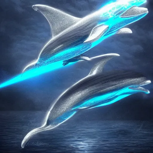 Image similar to laser dolphins, fantasy, detailed, high quality, artstation