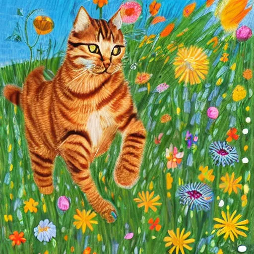 Prompt: cat running in field surrounded by flowers, Folkart Style