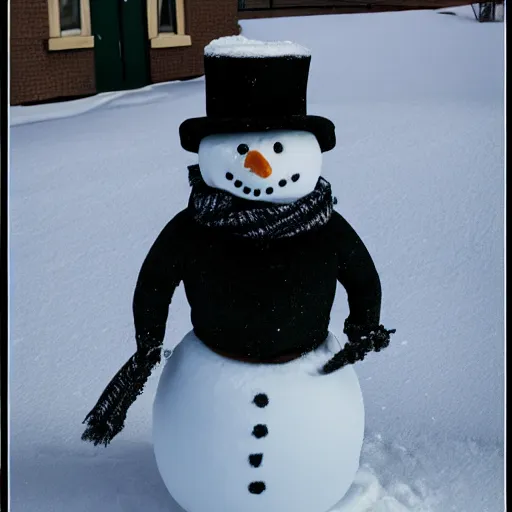 Image similar to photograph of snowman with the face of a school aged boy hd 8k