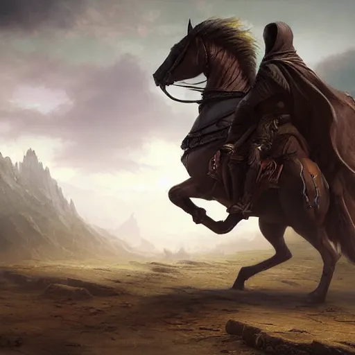 Image similar to ''cinematic shot'' a dark hooded mage on a horse riding to the battle leading his army of undead casper david friedrich raphael lacoste vladimir kush leis royo volumetric light effect broad light oil painting painting fantasy art style sci - fi art style realism artwork unreal engine