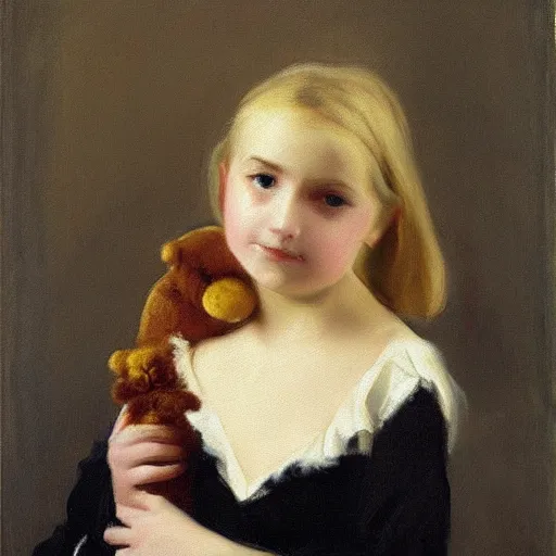 Image similar to “ blonde haired girl holding a stuffed animal, very detailed, oil painting, portrait, dark background, by john singer sargent ”