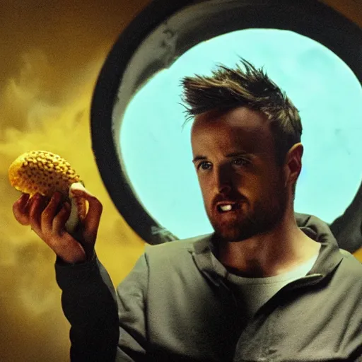 Prompt: jesse pinkman eating a banana submerged in lava