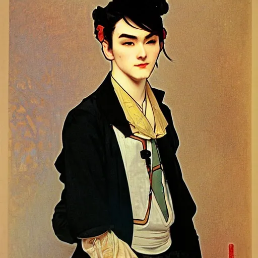 Image similar to full body painting of grumpy handsome thin beautiful young man in his 2 0 s named min - jun in a french female maid outfit, modern clothing, elegant, clear, painting, stylized, sharp facial features, soft but grumpy, highly detailed, art, art by alphonse mucha