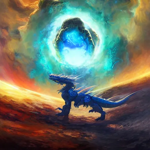 Image similar to prompt blue crystalline dragon, European dragon, devouring a planet, space, planets, moons, sun system, nebula, oil painting, by Fernanda Suarez and and Edgar Maxence and greg rutkowski