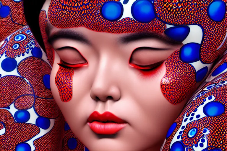 Prompt: hyperrealistic detailed image of a geisha laying in a art installation by yayoi kusama, part by kei mieno, part by alex gray, part by ross tran, part by james jean, ultra realistic, highly detailed, life like face, detailed body, 8 k, unreal engine 5, very cohesive