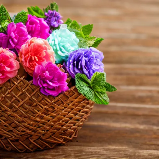 Prompt: beautiful and bright advertising, photography of a package of handmade mint chocolate scented soap blocks, wrapped in ribbons, sitting in a basket of flowers, studio quality, hdr 8 k photograph