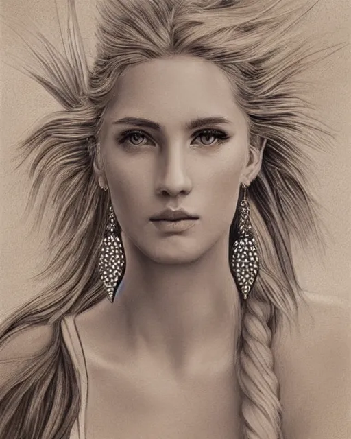 Image similar to pencil drawing of beautiful greek goddess aphrodite with arrowhead earrings and beautiful feather jewelry, beautiful piercing eyes, beautiful blonde hair flying in the wind, hyper realistic face, in the style of greg rutkowski, fantasy, amazing detail, epic, elegant, smooth, sharp focus, from the front