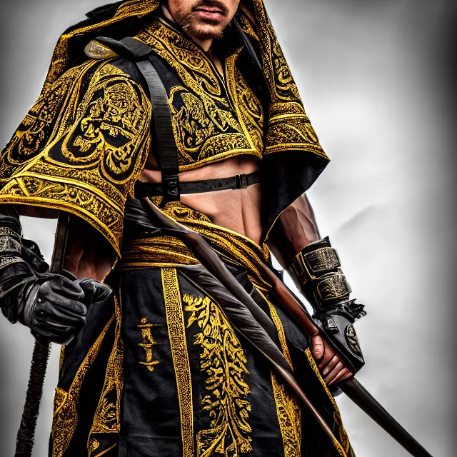 Prompt: photo of a ranger warrior with ornate robes, 8 k, hdr, smooth, sharp focus, high resolution, award - winning photo