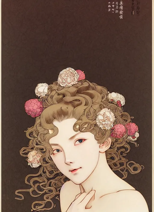 Image similar to young blond girl, macabre dark goddess of pearls and peonies, with long curly, hazelnut hair, perfectly proportioned face, brown eyes, sweet smile, strong jawline, by takato yamamoto, natural lighting, path traced, highly detailed, high quality, cartoon, digital painting, by new haicheng and studio ghibli, alphonse mucha