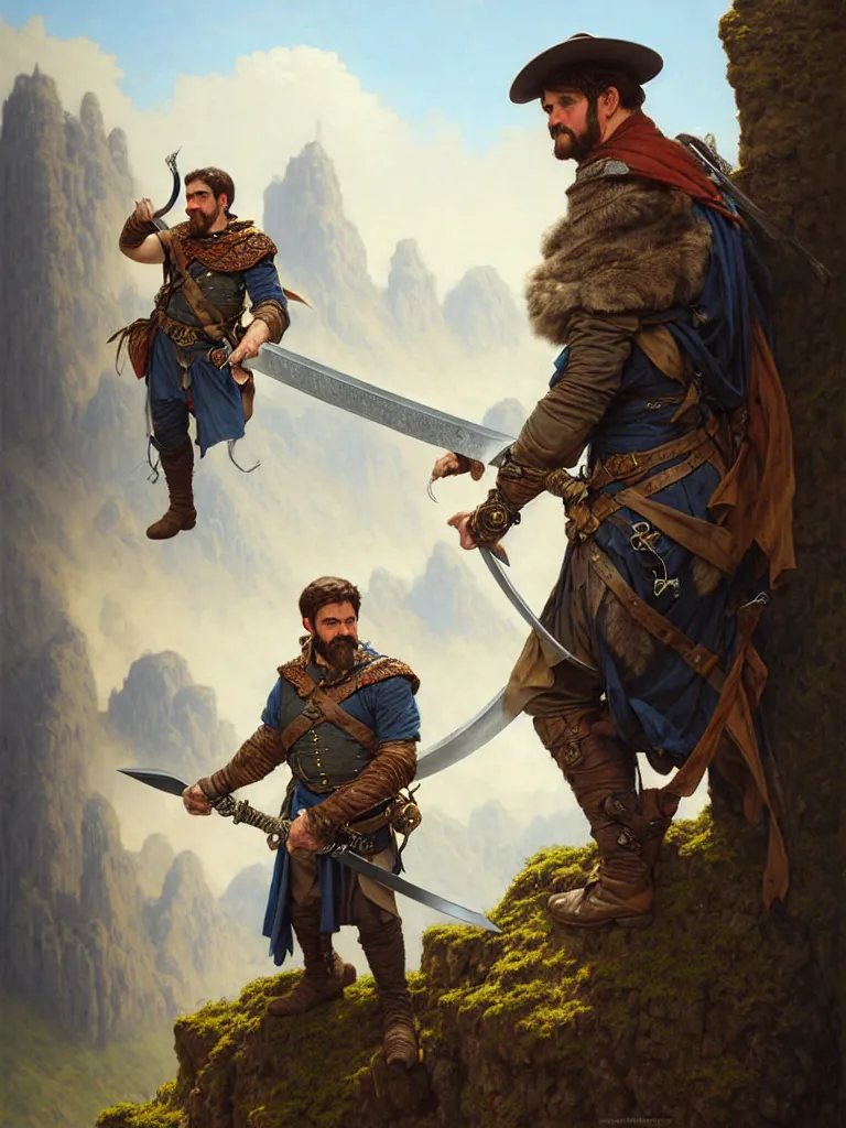 Image similar to middle age ranger with rugged expresions falcon pet on his sholder holding a long sword, top a cliff observing old ruins of a castle, elegant clothing, photorealistic render, matte patining, highly detailed, artstation, smooth, sharp focus, art by michael whelan, artgerm, greg rutkowski and alphonse mucha